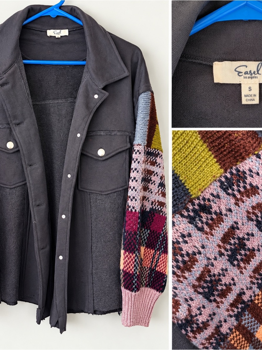 easel Black Utility Jacket with Multicolor Knit Sleeves size small PTP21”